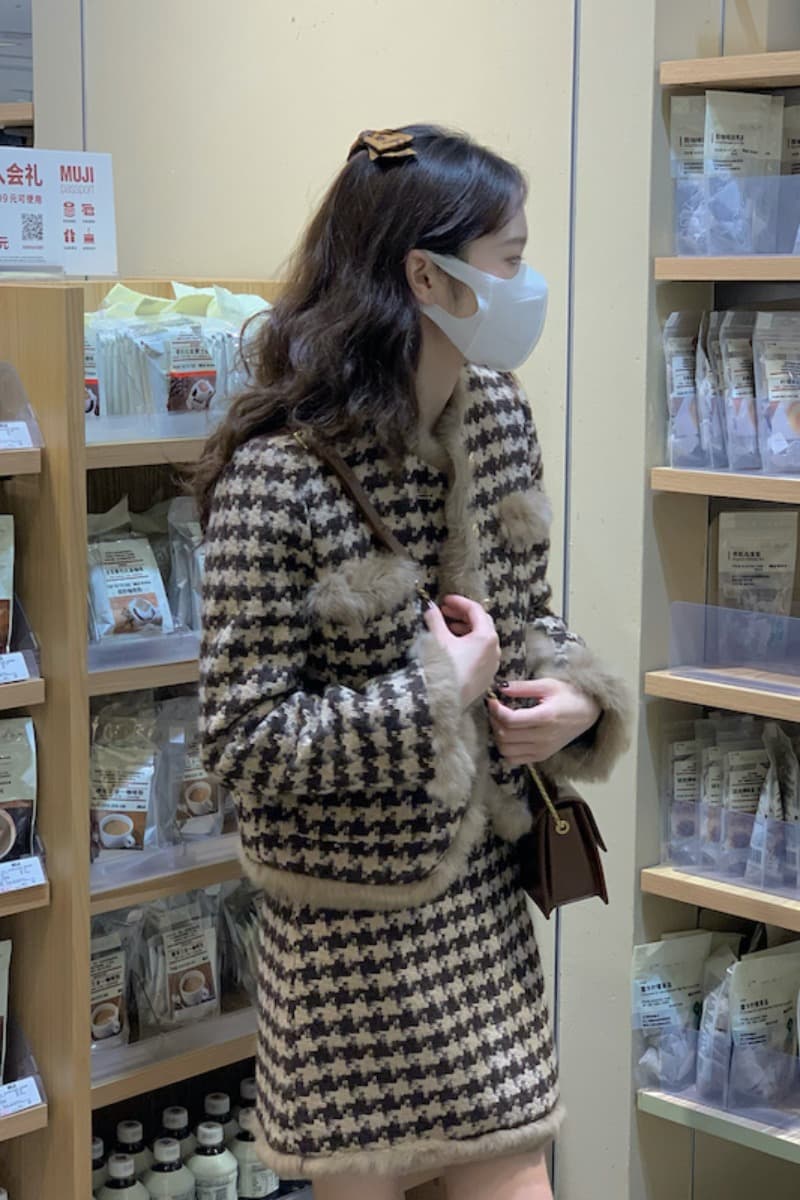 フレンチガーリー ファー付きチェックセットアップ