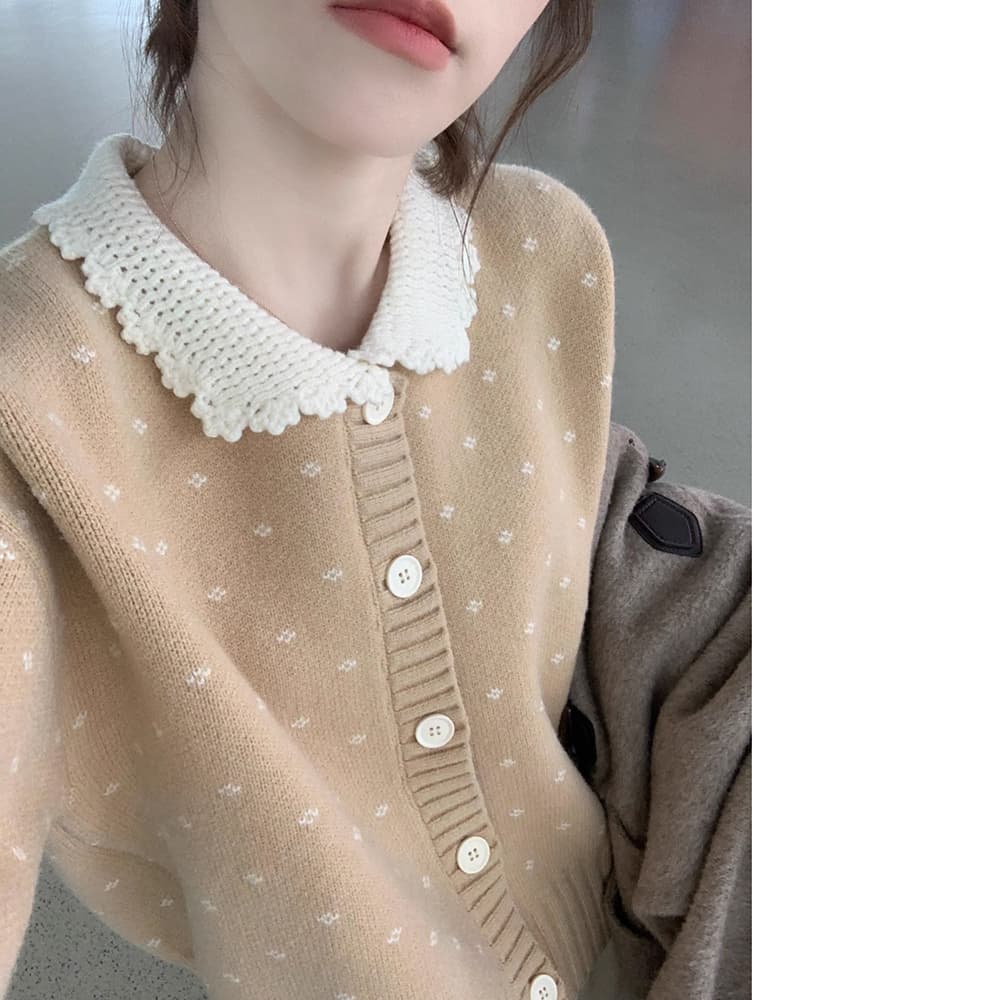 フレンチガーリー フリル襟レース編みニットカーディガン 可愛い丸襟トップス