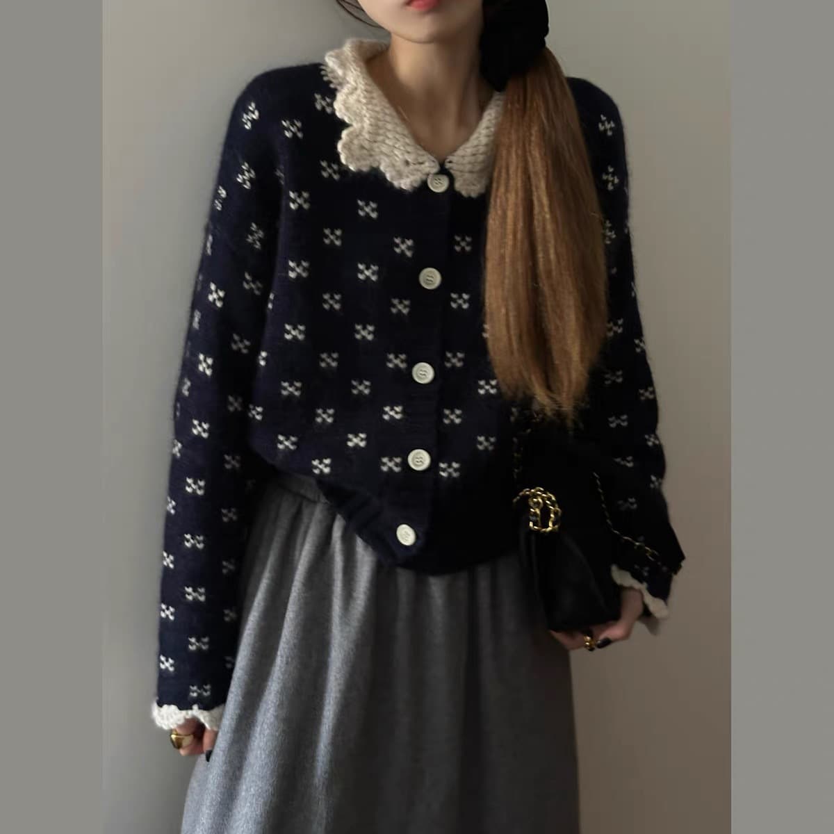 フレンチガーリー フリル襟レース編みニットカーディガン 可愛い丸襟トップス