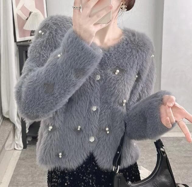 フレンチガーリーふわふわ毛玉カーディガン パール装飾ニットコート