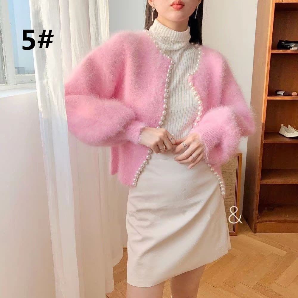 フレンチガーリー パール付きふわふわニットカーディガン秋冬長袖レディース