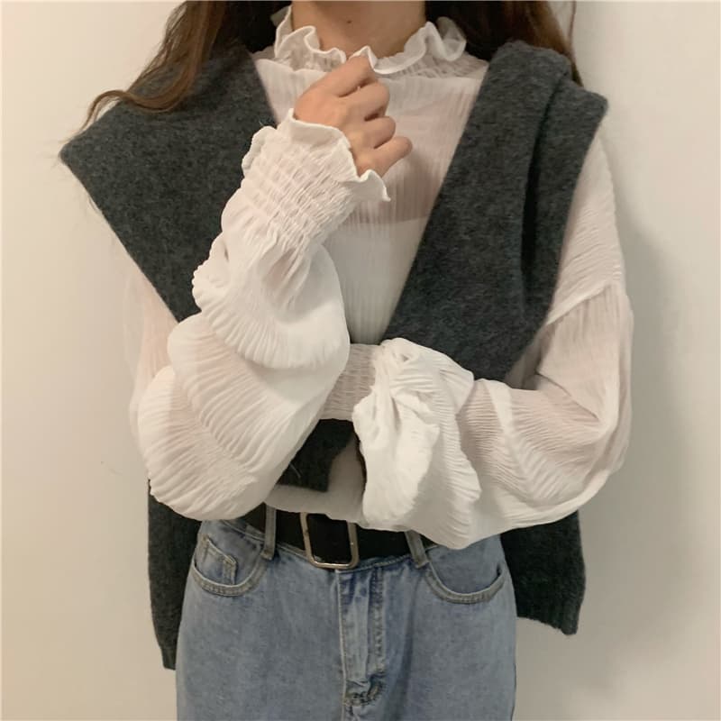 フレンチガーリー フリル袖シフォンブラウス 体型カバー長袖