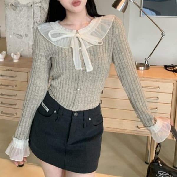 フレンチガーリー 透け感襟元リボン付きリブニットカーディガン