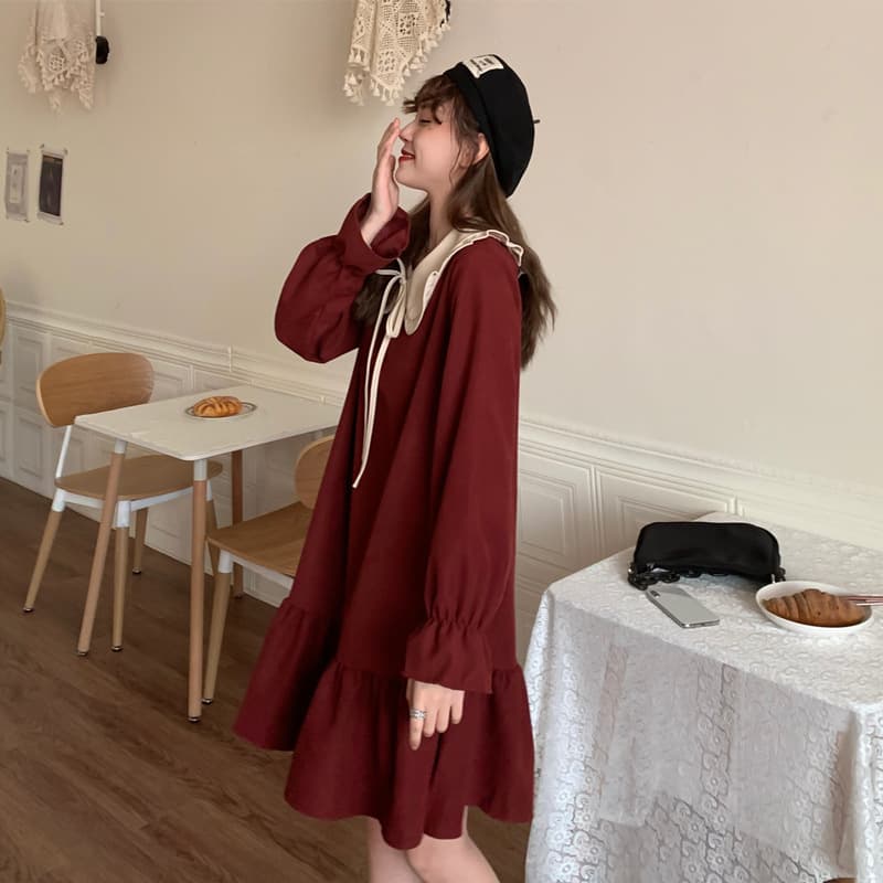 フレンチガーリー 長袖ワンピース ワインレッド 丸襟 フリル裾 可愛い