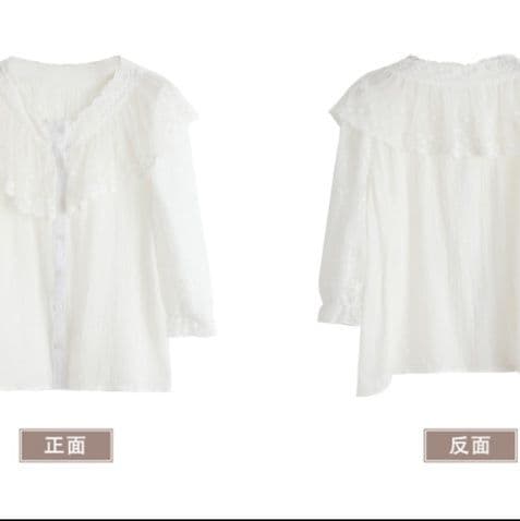 フレンチガーリー 襟元フリル刺繍レース長袖ブラウス