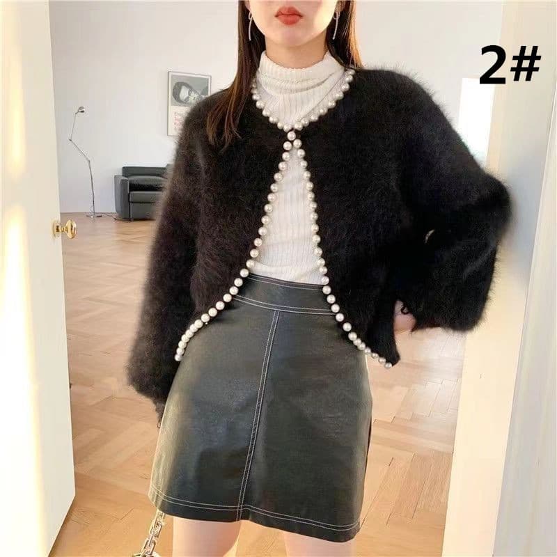 フレンチガーリー パール付きふわふわニットカーディガン秋冬長袖レディース