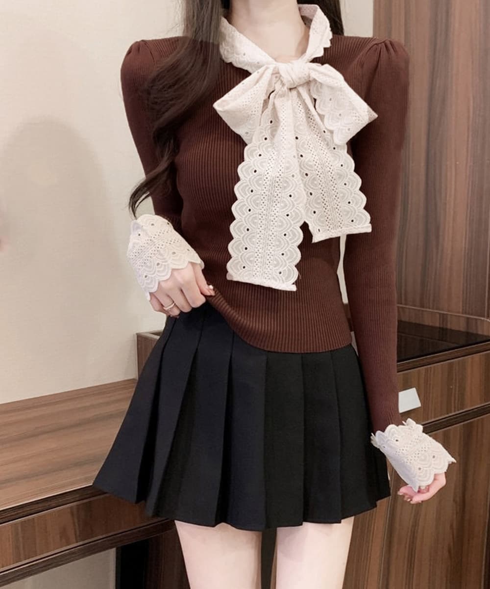 フレンチガーリー 刺繍レース蝶リボン付きニットトップス