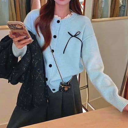 フレンチガーリー 丸首リボン付きニットカーディガン