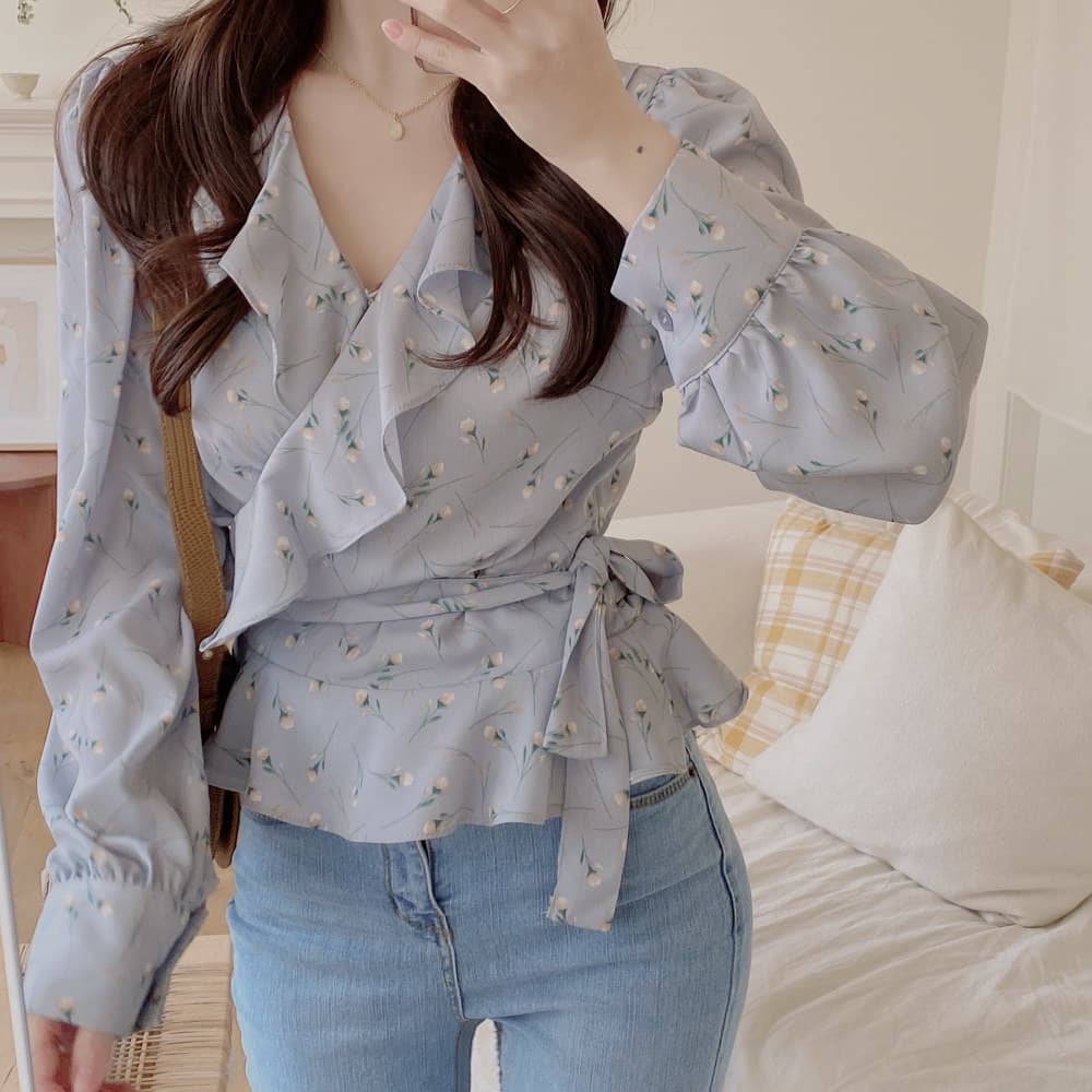 フレンチガーリー 花柄シフォンブラウス深Vネック長袖ふんわり着回し