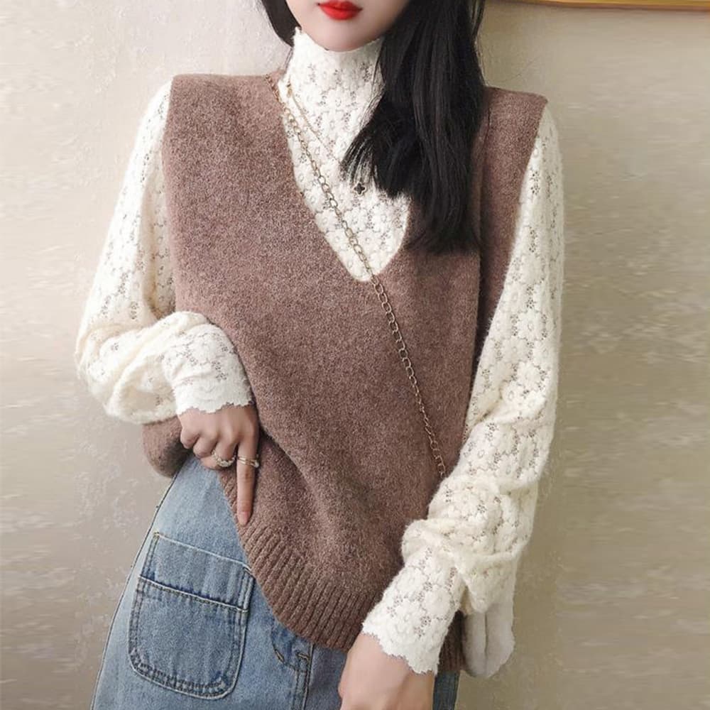 フレンチガーリー 花柄微起毛レースハイネックブラウス秋冬