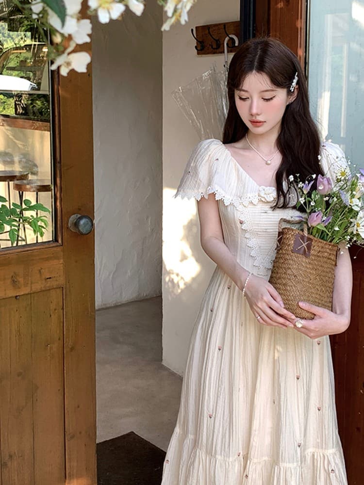 フレンチガーリー 花刺繍パフスリーブティアードロングワンピース