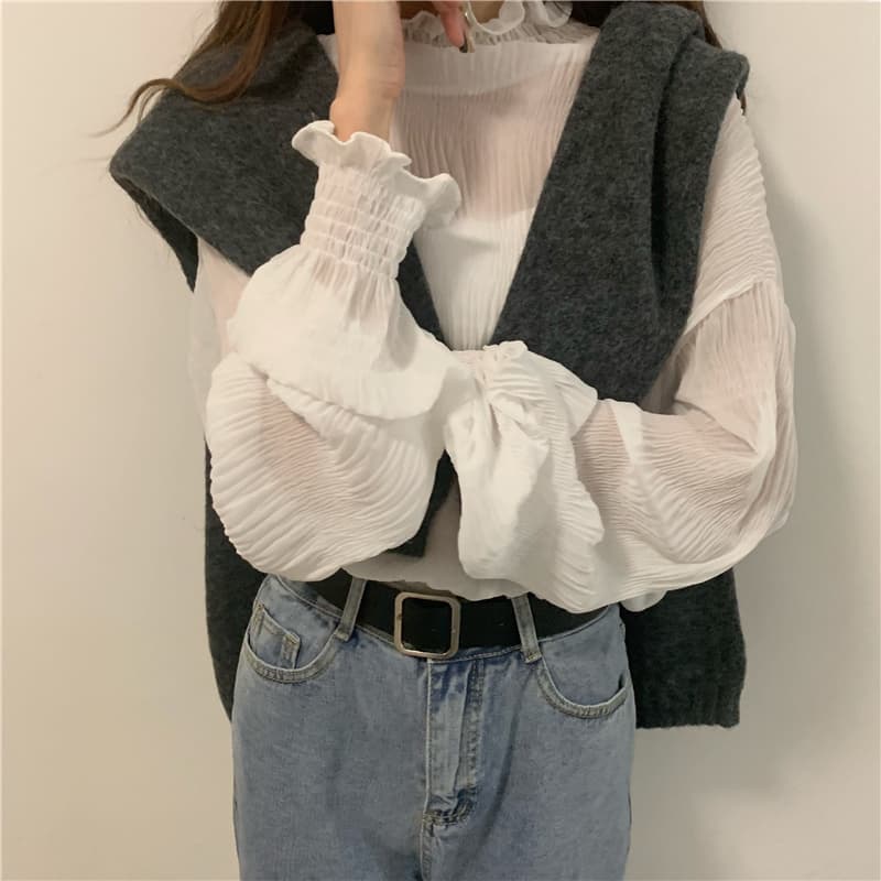 フレンチガーリー フリル袖シフォンブラウス 体型カバー長袖