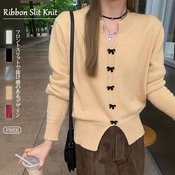 フレンチガーリー リボンスリット入りニットカーディガン
