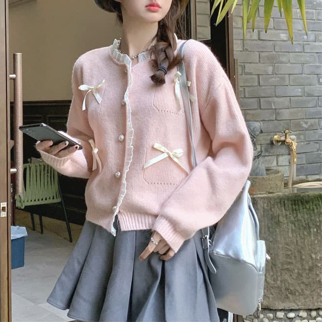 フレンチガーリー 可愛い蝶々結び装飾付きニットカーディガン