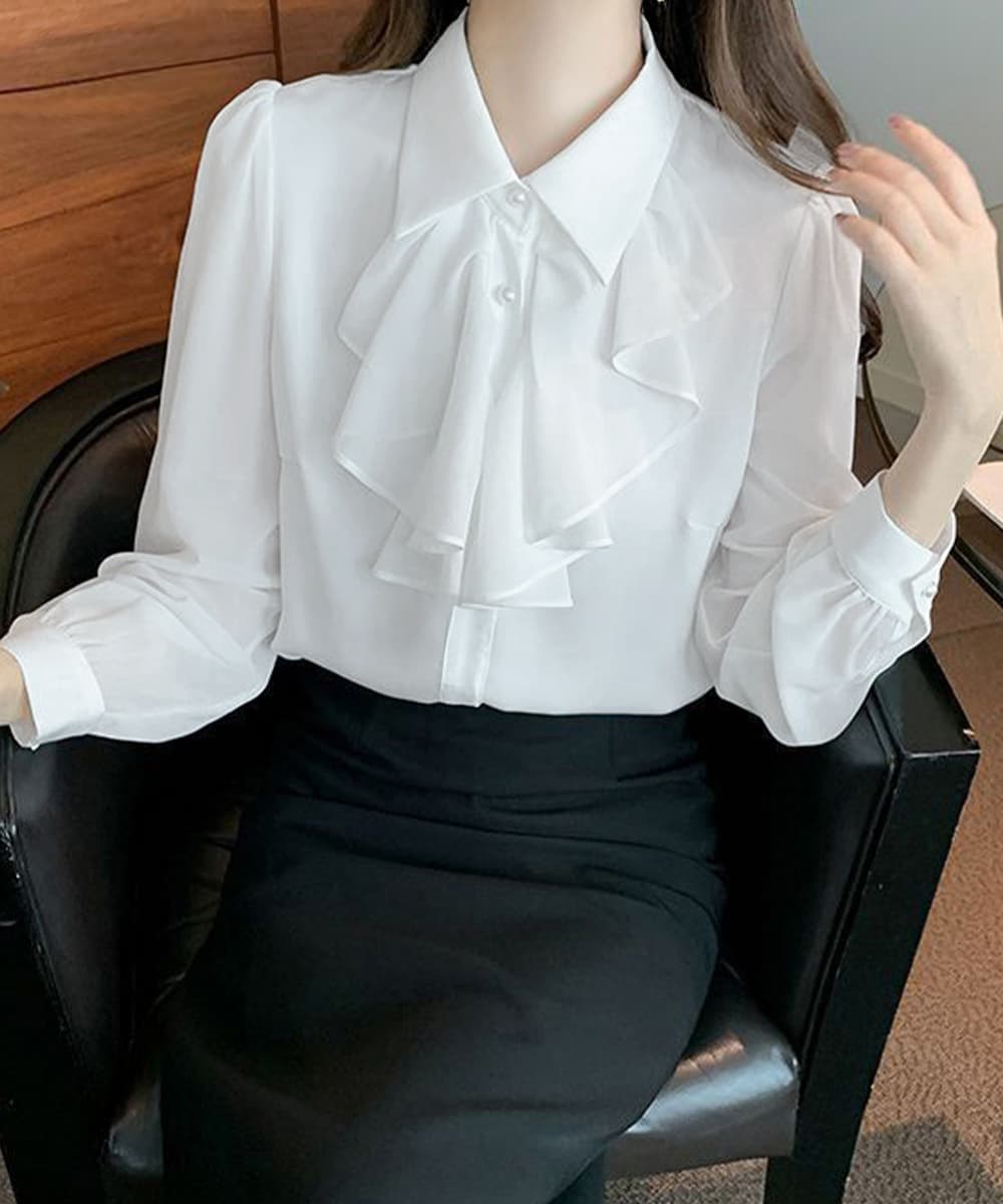 フレンチガーリー フリルリボン長袖ブラウス上品白シャツ