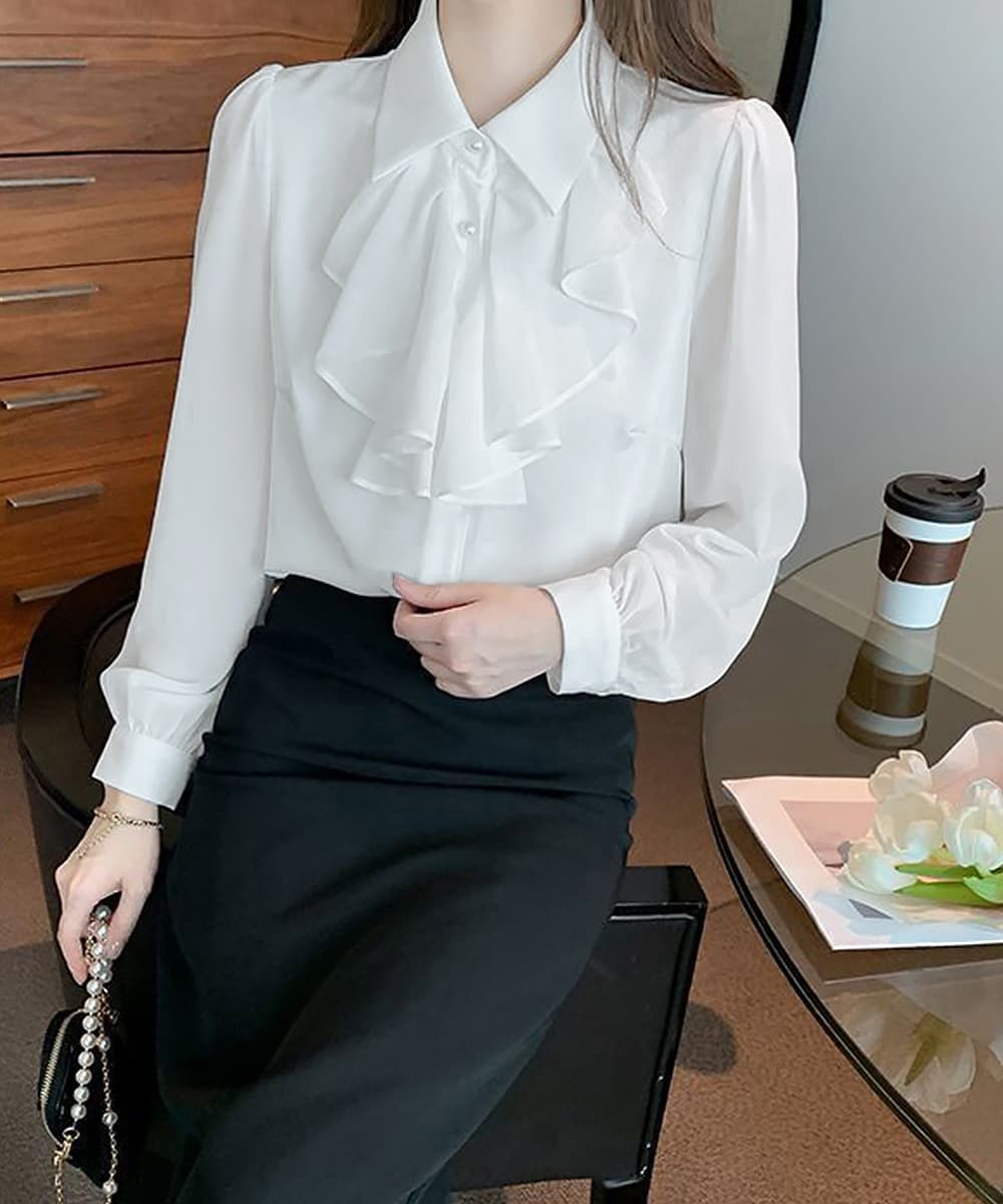フレンチガーリー フリルリボン長袖ブラウス上品白シャツ