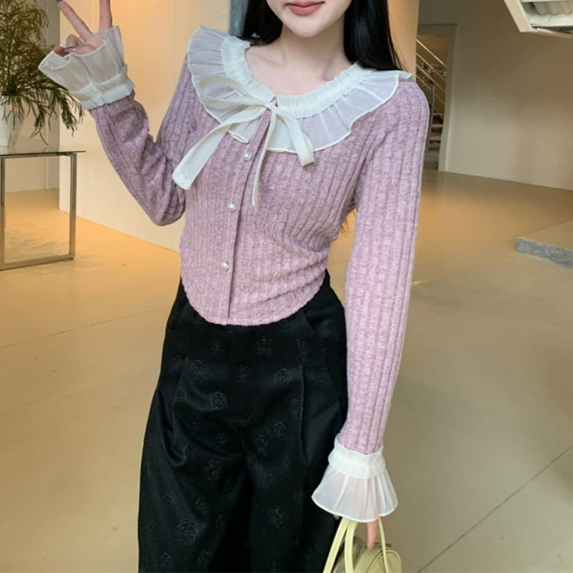 フレンチガーリー 透け感襟元リボン付きリブニットカーディガン