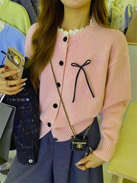 フレンチガーリー 丸首リボン付きニットカーディガン