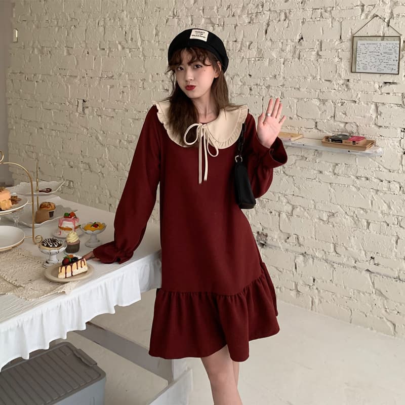 フレンチガーリー 長袖ワンピース ワインレッド 丸襟 フリル裾 可愛い