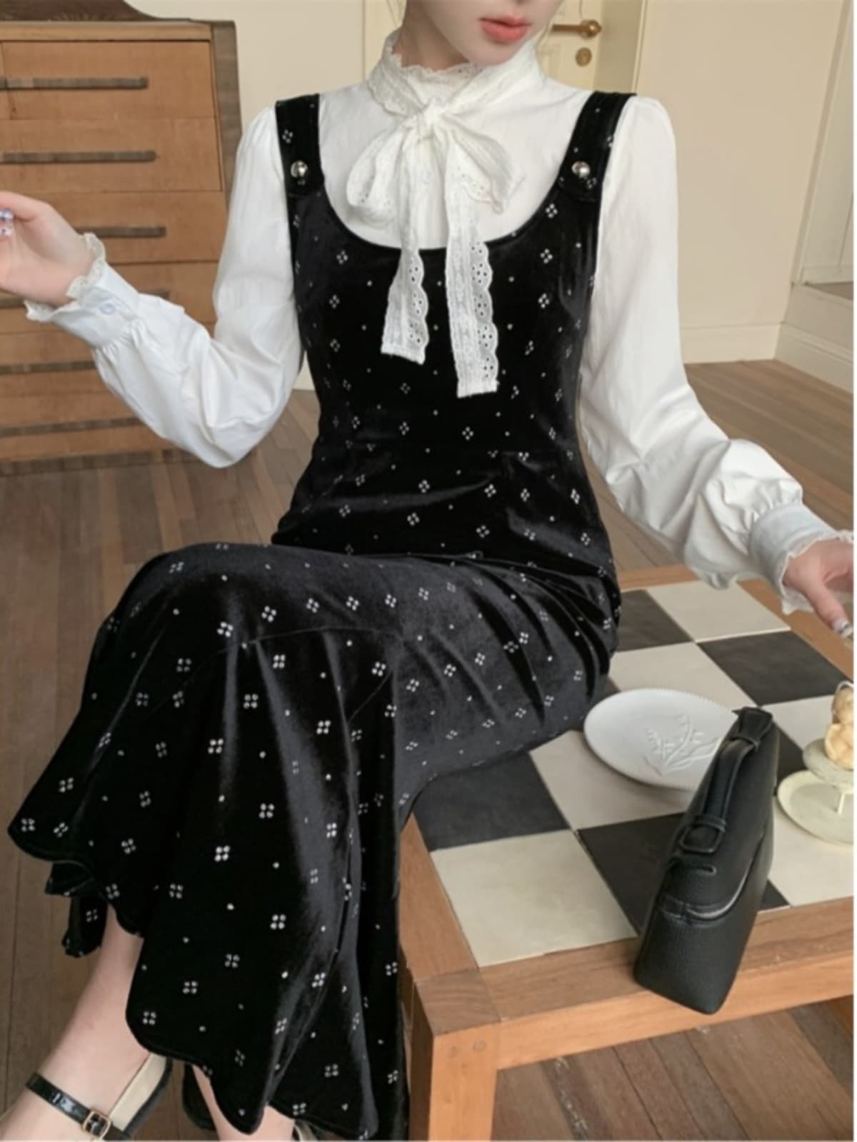 フレンチガーリー 花柄レース襟付きジャンパースカートセット