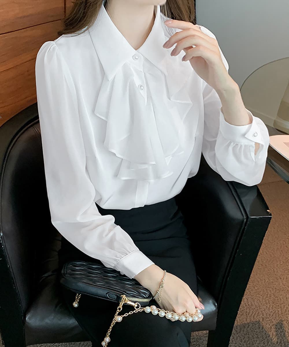 フレンチガーリー フリルリボン長袖ブラウス上品白シャツ