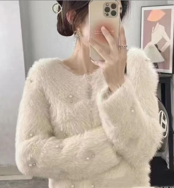 フレンチガーリーふわふわ毛玉カーディガン パール装飾ニットコート