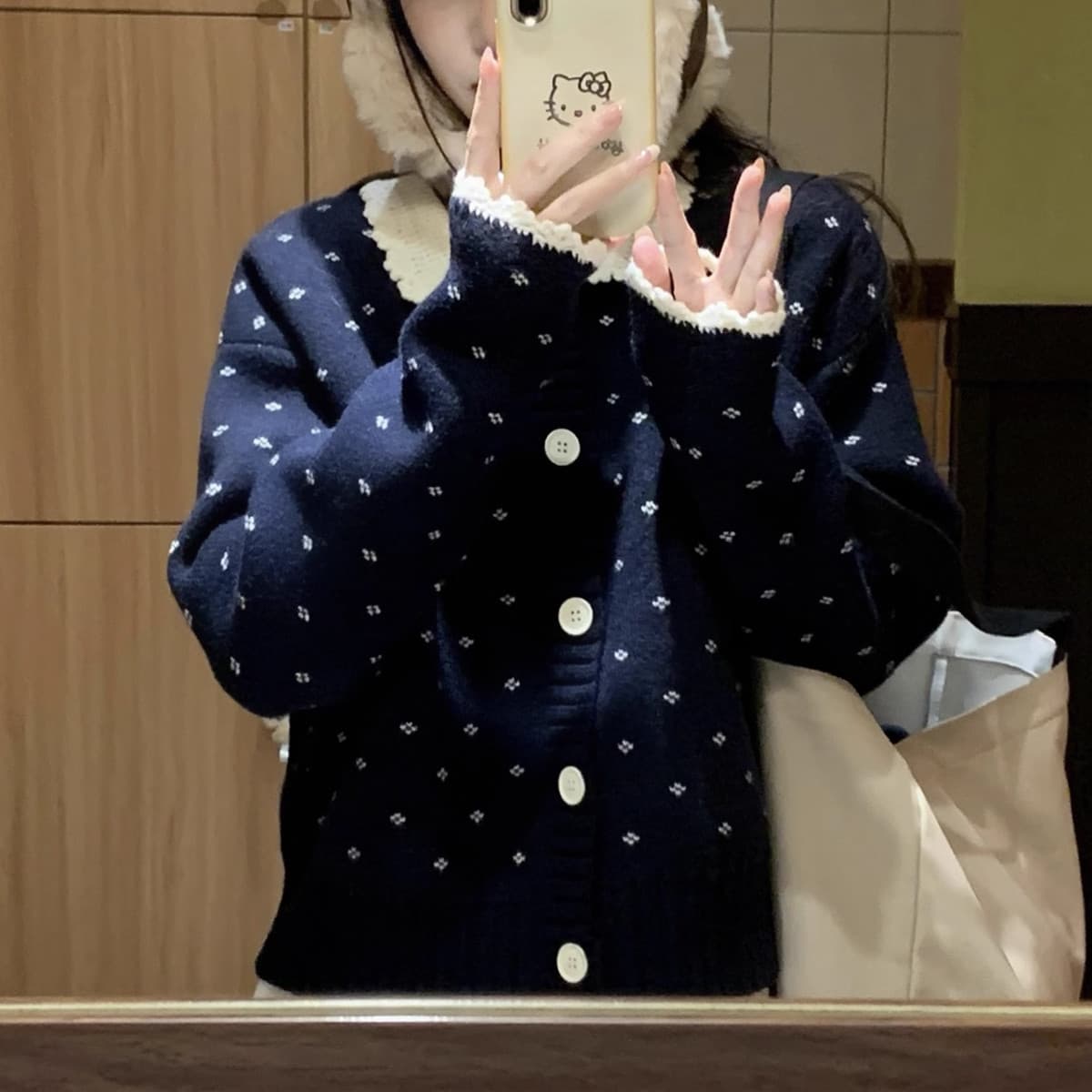 フレンチガーリー フリル襟レース編みニットカーディガン 可愛い丸襟トップス