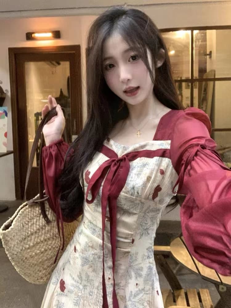 フレンチガーリー 花柄刺繍リボンレース袖ぽんわりロングワンピース