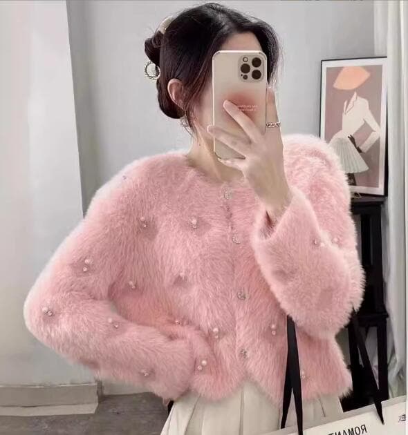 フレンチガーリーふわふわ毛玉カーディガン パール装飾ニットコート