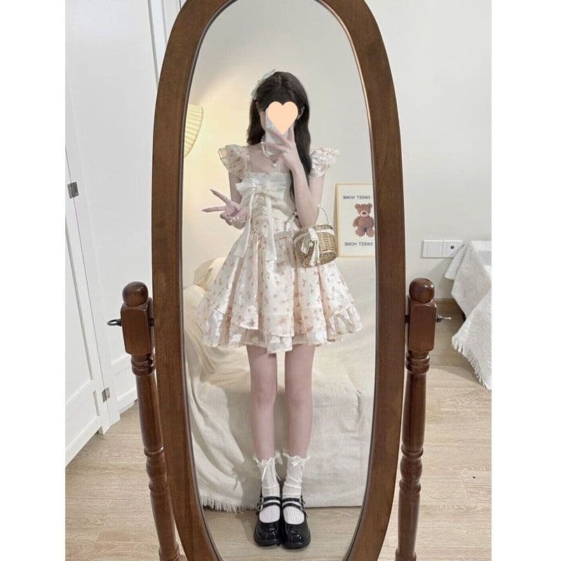 フレンチガーリー 花柄パフスリーブリボンワンピース