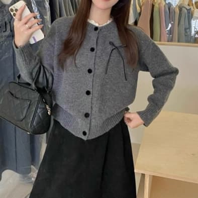 フレンチガーリー 丸首リボン付きニットカーディガン