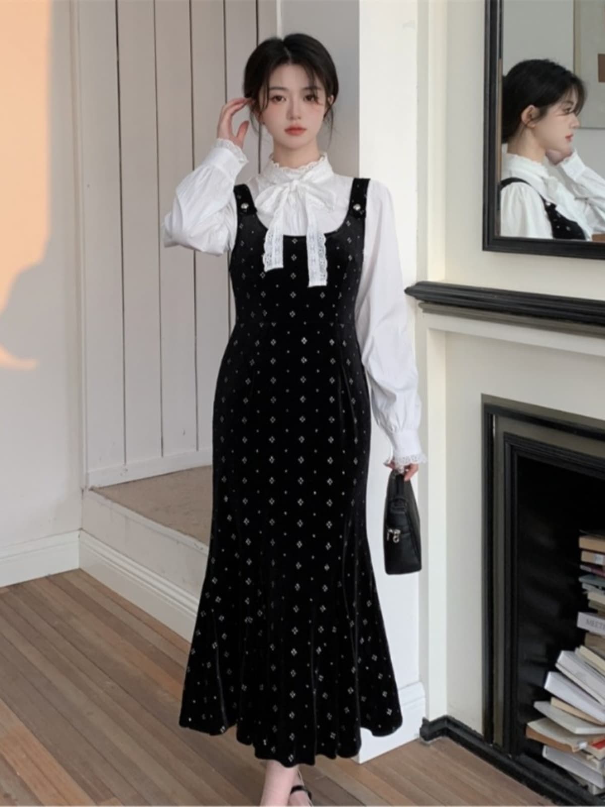 フレンチガーリー 花柄レース襟付きジャンパースカートセット