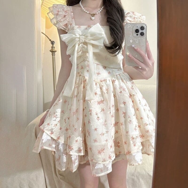 フレンチガーリー 花柄パフスリーブリボンワンピース