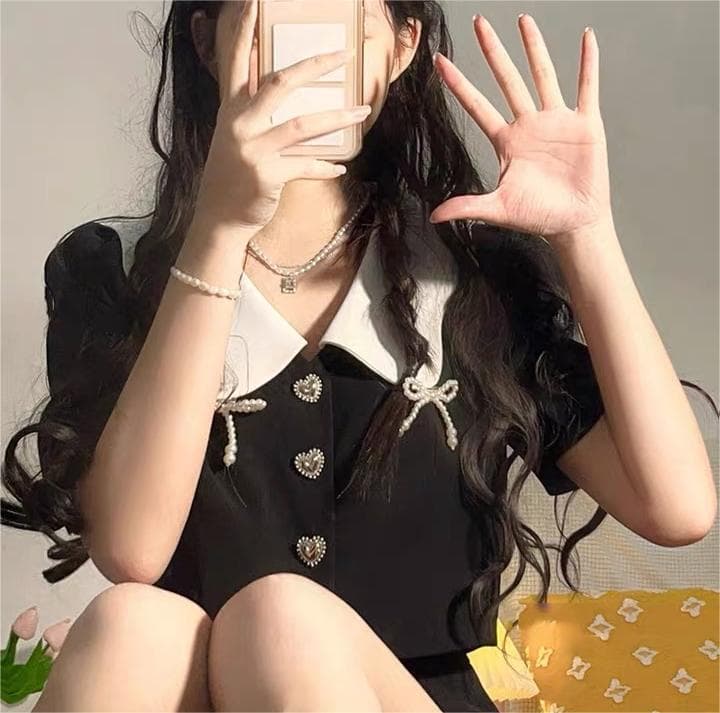 フレンチガーリー 白襟リボン付き半袖ワンピース黒セットアップ風ミニ丈