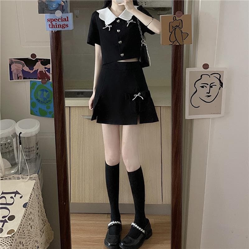 フレンチガーリー 白襟リボン付き半袖ワンピース黒セットアップ風ミニ丈