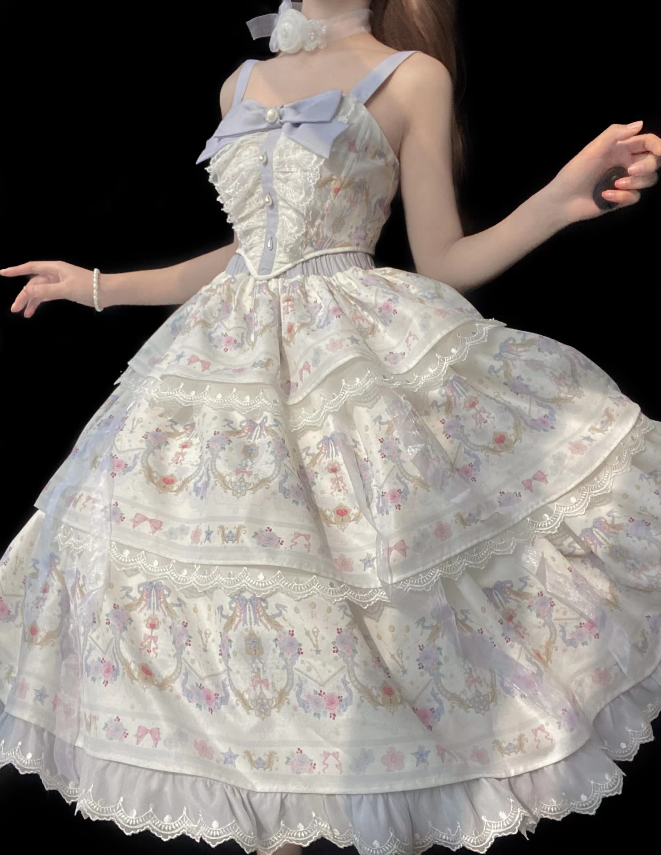 フレンチガーリー 花柄刺繍ティアードレース姫様風ワンピース