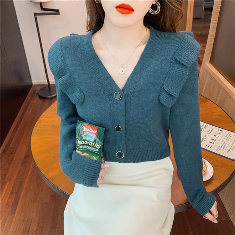 フレンチガーリー 薄手ニット Vネック フリル袖カーディガン