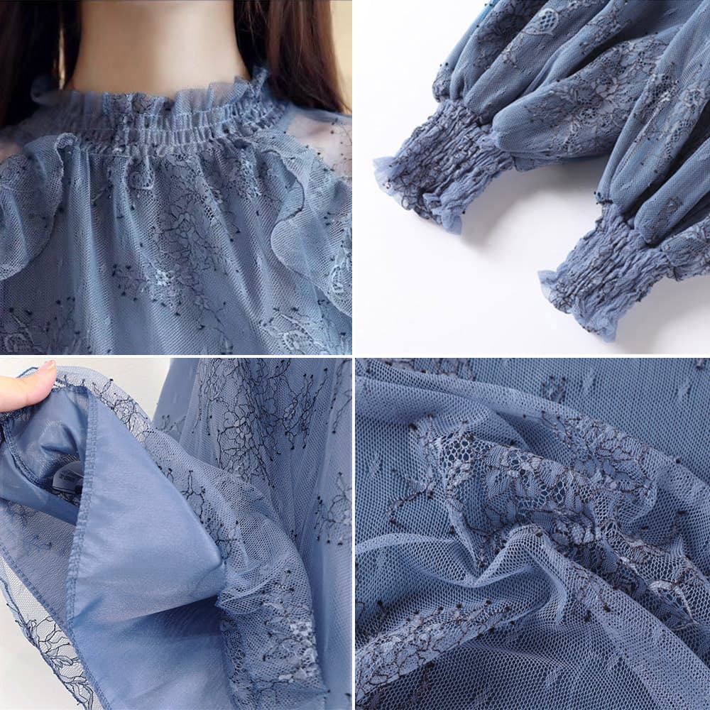 フレンチガーリー 花柄刺繍シアーブラウス 透け感レースハイネック長袖