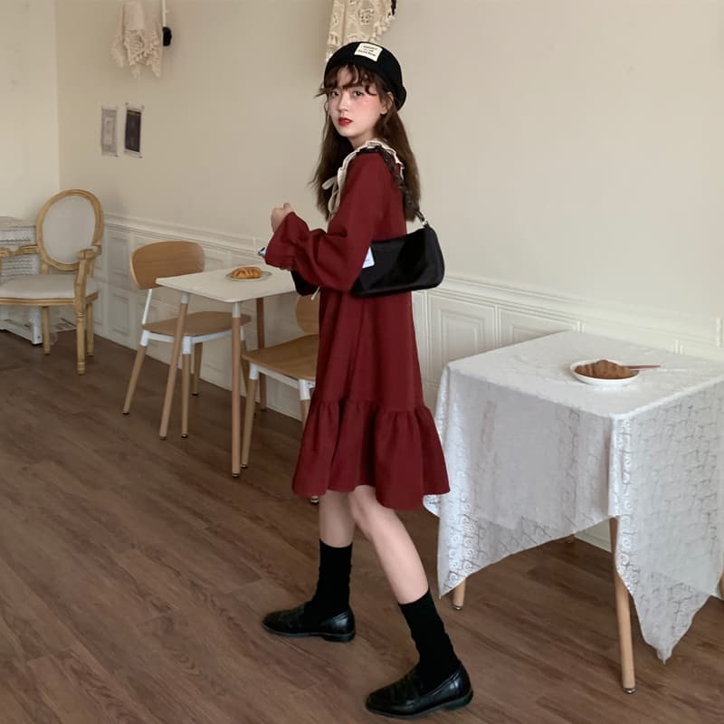 フレンチガーリー 長袖ワンピース ワインレッド 丸襟 フリル裾 可愛い