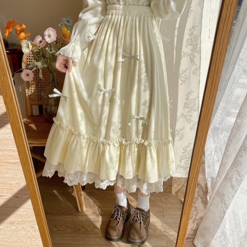 フレンチガーリー 小花柄刺繍リボンティアードフリルスカート
