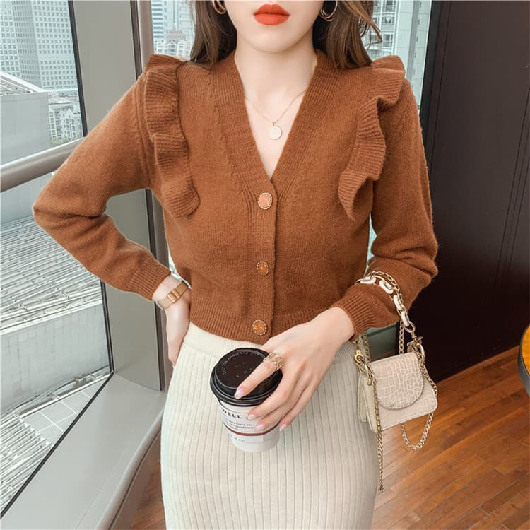 フレンチガーリー 薄手ニット Vネック フリル袖カーディガン