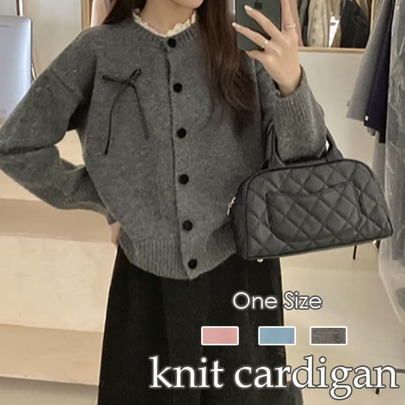 フレンチガーリー 丸首リボン付きニットカーディガン