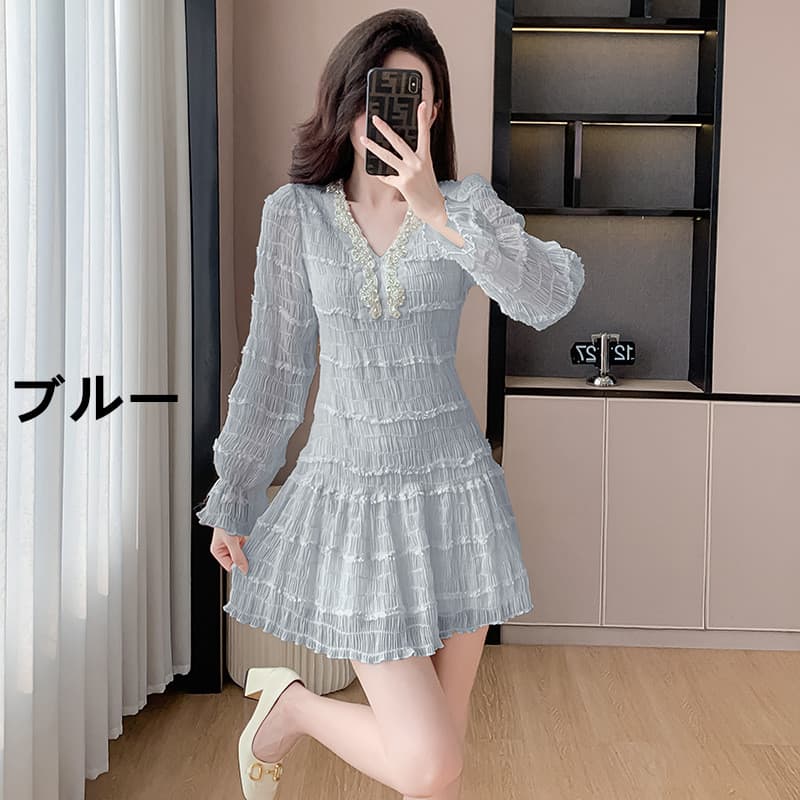 フレンチガーリー フリル シフォン ワンピース 長袖 ブイネック ミニ丈 ひらひら袖