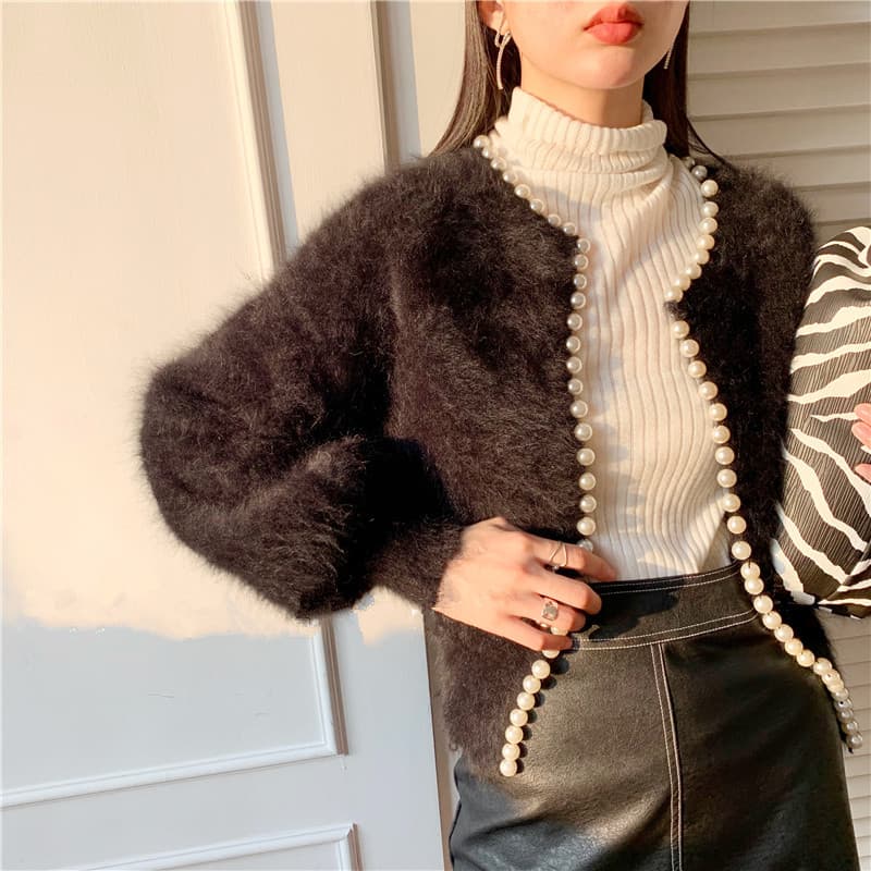 フレンチガーリー パール付きふわふわニットカーディガン秋冬長袖レディース