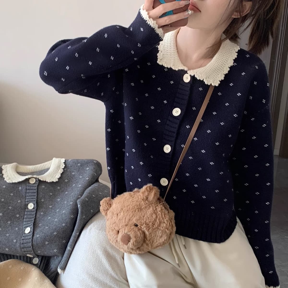 フレンチガーリー フリル襟レース編みニットカーディガン 可愛い丸襟トップス