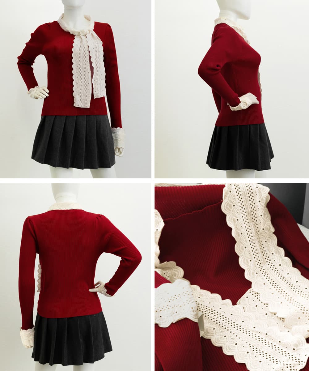 フレンチガーリー 刺繍レース蝶リボン付きニットトップス