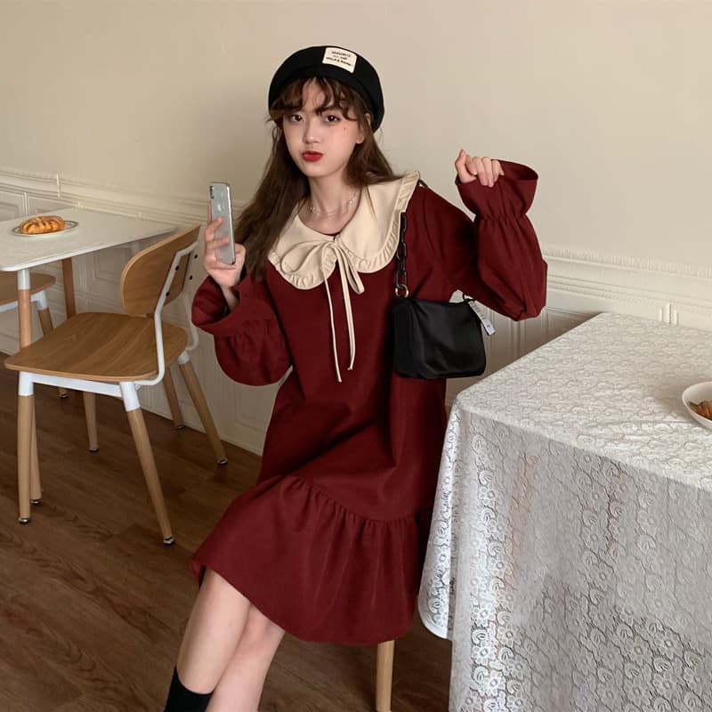 フレンチガーリー 長袖ワンピース ワインレッド 丸襟 フリル裾 可愛い
