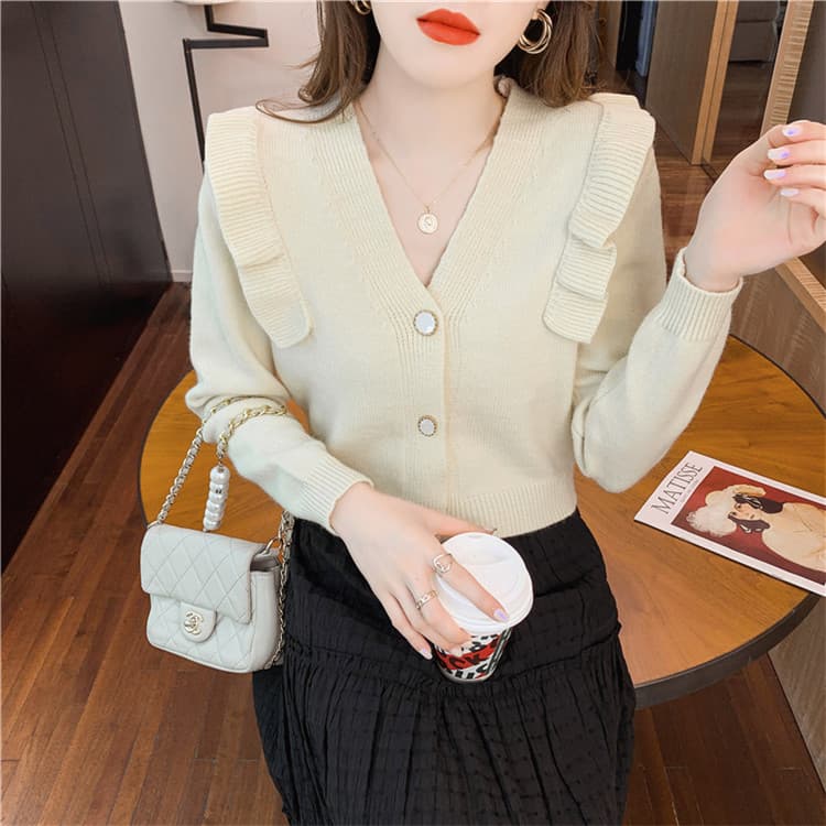 フレンチガーリー 薄手ニット Vネック フリル袖カーディガン