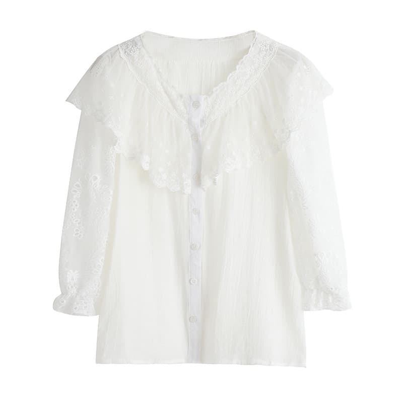 フレンチガーリー 襟元フリル刺繍レース長袖ブラウス