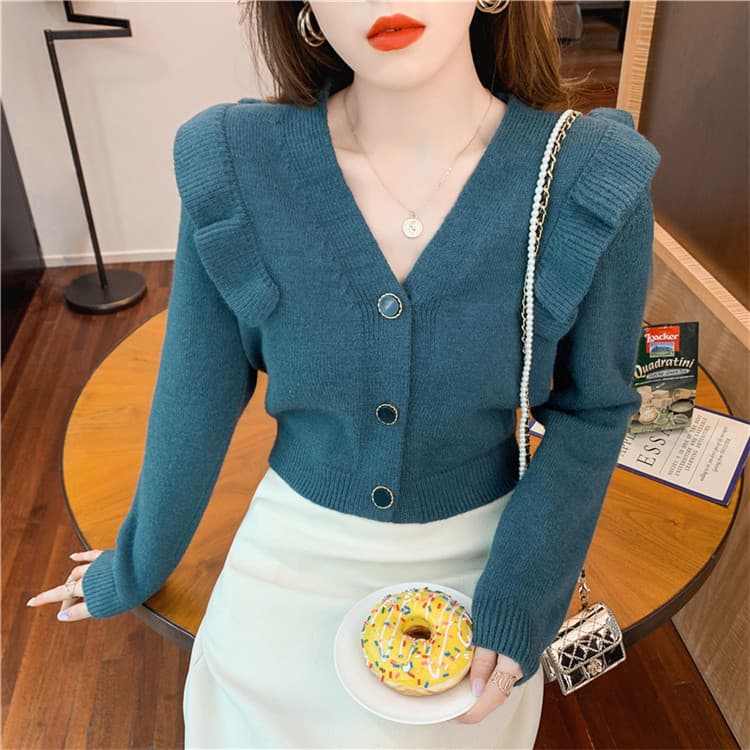 フレンチガーリー 薄手ニット Vネック フリル袖カーディガン